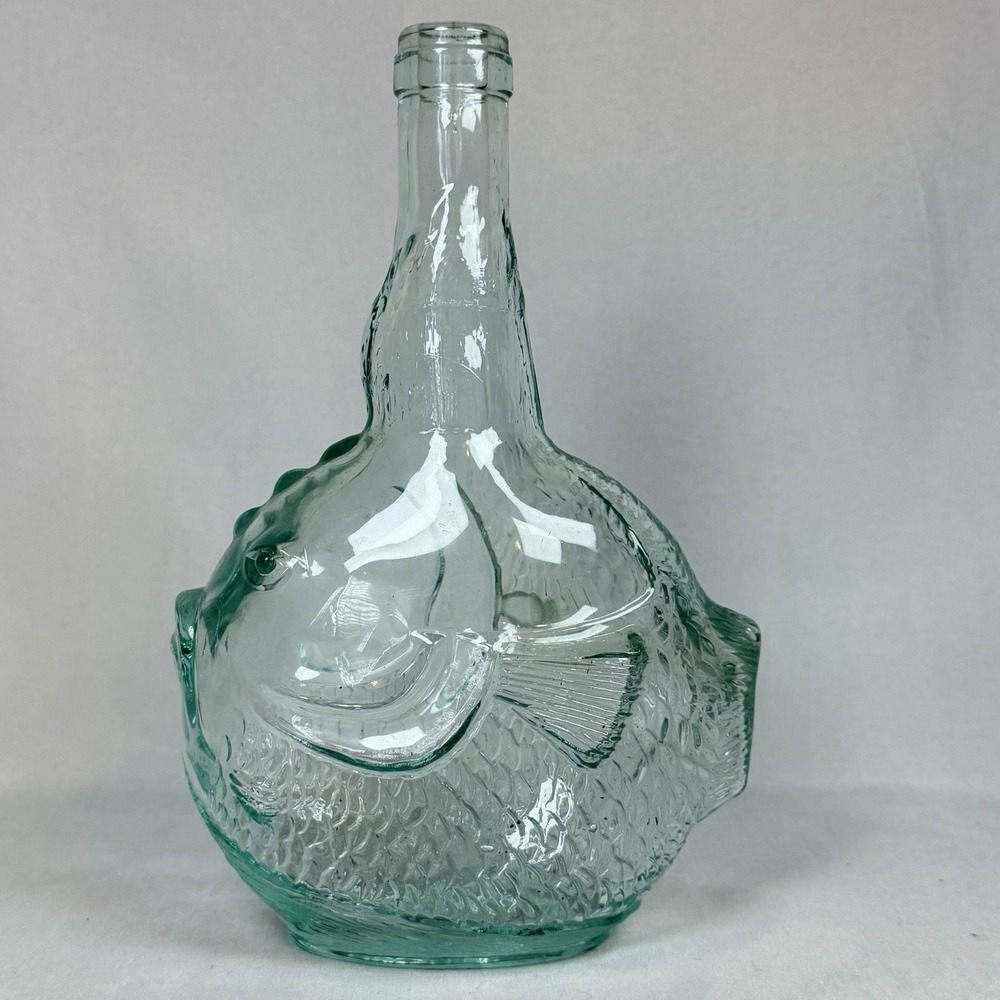 Vintage Vetreria Etrusca Puffer Fish Art Glass Bottle Green Italy 9 x 6 x 3"
